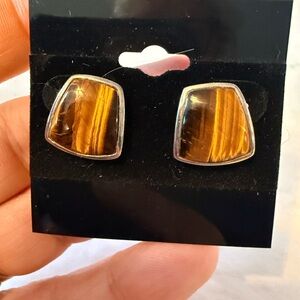 Tiger Eye sterling Silver Stud Earrings - Brown & Gold Tones